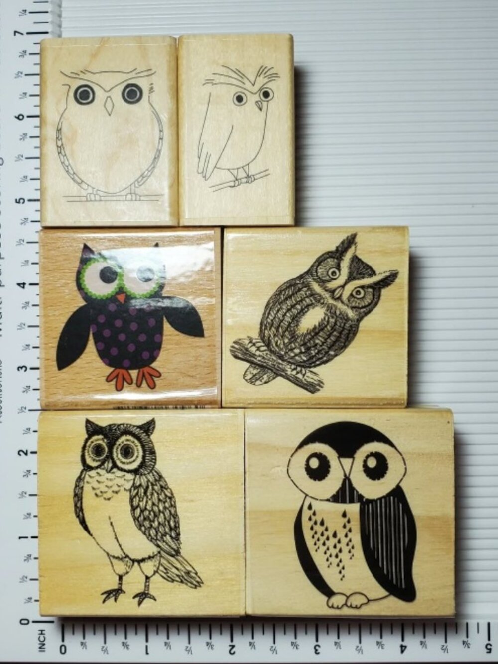 Vintage Owl Wood Mounted Rubber Stamps - Lot of 6, Mixed brands